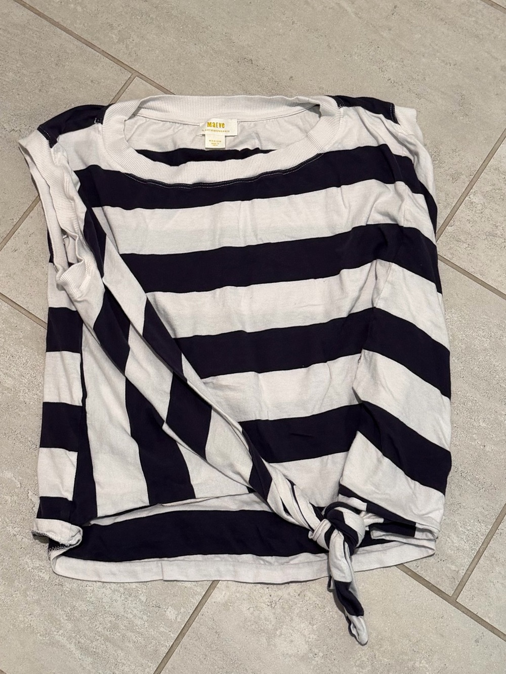 Anthropologie Navy and White Striped Short-Sleeve Tee with Side Knot